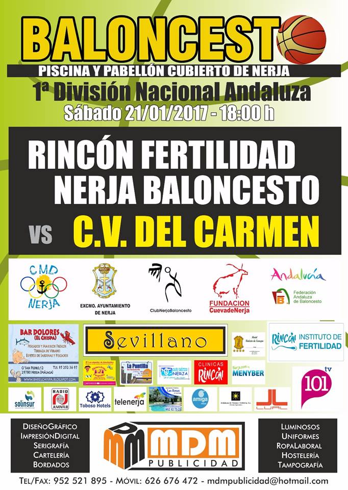 PRIMER PARTIDO DE LA SEGUNDA VUELTA Este fin de semana interesantísimo partido de Rincón Fertilidad Nerja Baloncesto Vs <a href="/CVCarmenbasket/">A.D. C.V. Carmen</a>
