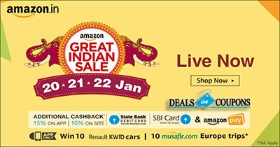 dealsincoupons1's tweet photo. Amazon Great Indian Sale - 80% Off + 15% Cashback
Go Now..https://t.co/0SYJXWsf2E
#amazoncoupon,#amazoncouponcode,#amazondiscountcouponcode https://t.co/TNynUGI9o1