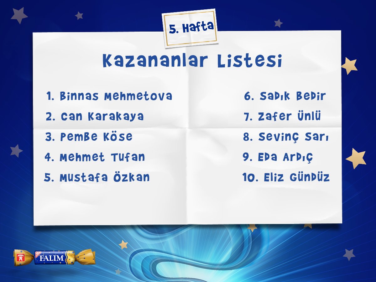 Karşınızda 5. haftanın kazananları... Siz de maninizi yazın, ödülleri kaçırmayın!
heristebifalimvar.com