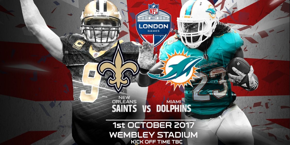 Saints's tweet photo. CONFIRMED: the Saints game in London vs the Dolphins will be Oct. 1 Latest ticket news: https://t.co/YN9jsKDVEk https://t.co/Z43HekIH8a