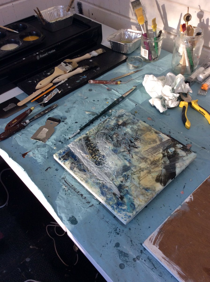 OrchardArt's tweet image. Working some encaustic magic in the studio..lovely beeswax smell, enjoying the surface.#art #encausticart #surfacetexture #abstractart