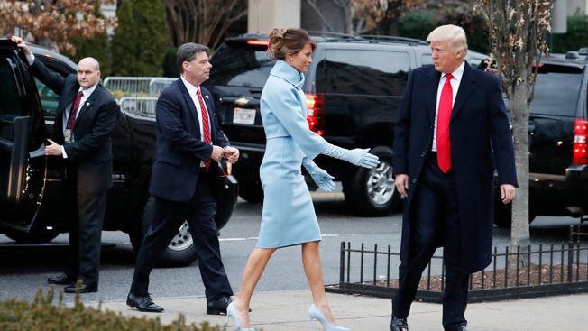 ModArchDes's tweet photo. Melania Trump channels Jackie O in her baby blue @RalphLauren ensemble for Donald Trump's Presidential #Inauguration #fashion https://t.co/Q7XzlLOqK6