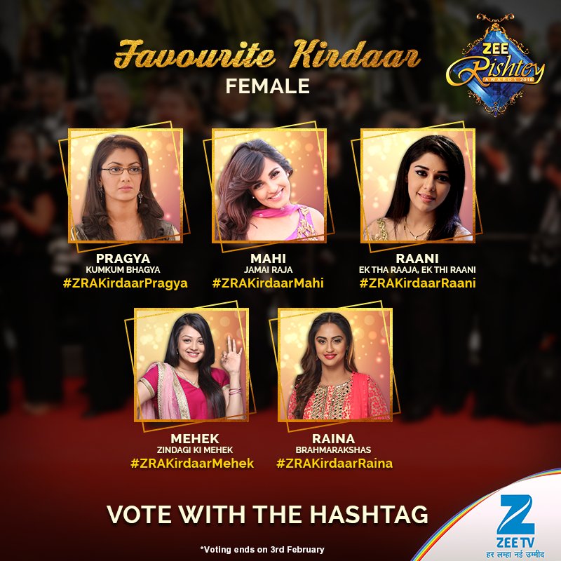 ZeeTV's tweet photo. Dikhao apna pyaar for the beautiful kirdaars! Use #ZRAKirdaar____ and vote for your favourite kirdaar NOW! #ZRA2016 https://t.co/rLMWUV9p7F