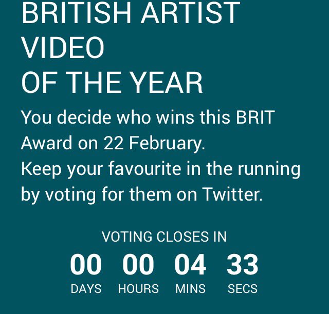 Not long left to vote for best video of the year <a href="/BRITs/">BRIT Awards</a> #BritAwards #musicmagazine