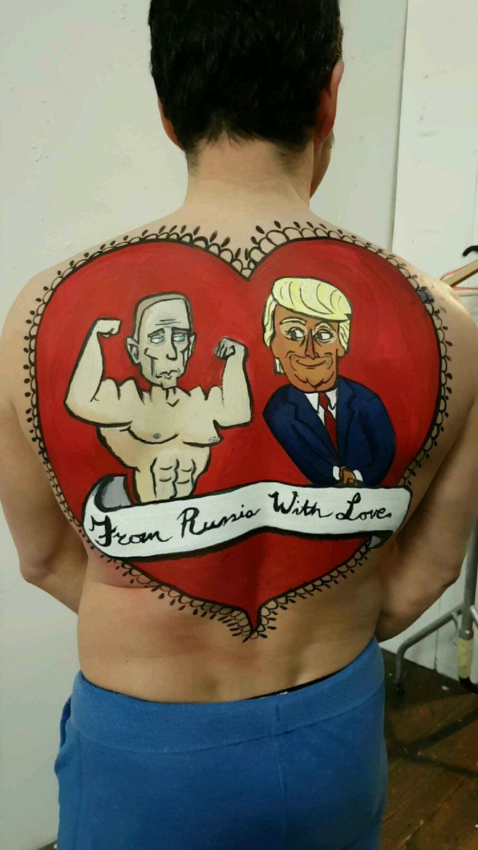 craftyfoxhats's tweet photo. My portrait of @toonDonaldTrump in #bodypaint  with his main man, from @colbertlateshow @StephenAtHome #DonaldTrump #FromRussiaWithLove https://t.co/YQxHvYMA2D