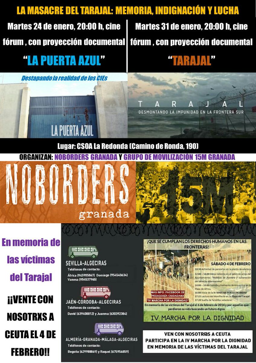 NoBorderGranada's tweet photo. Se avecinan martes de proyecciones: 24 La puerta azul y 31 Tarajal. Contra la impunidad en las fronteras, in memoriam #6F @acampadagranada https://t.co/oSLCF4EuW3