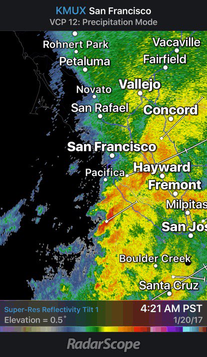 BillMartinKTVU's tweet photo. Wake up call!
#KMUX - Super-Res Reflectivity Tilt 1 4:21 AM PST #cawx https://t.co/pD0O4vznfG