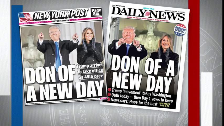 "Don of a new day." The New York Post and New York Daily News share the same front page on #Inauguration day.