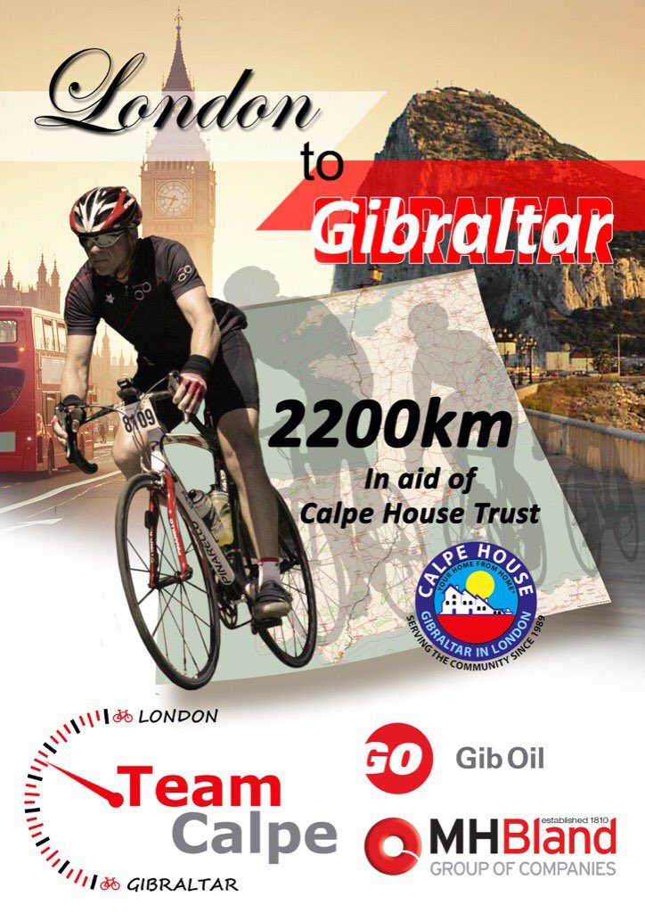 Dep #London 2nd June 2017
Arv #Gibraltar 17th June 2017 #TeamCalpe #cycling for @CalpeHouse #2200km