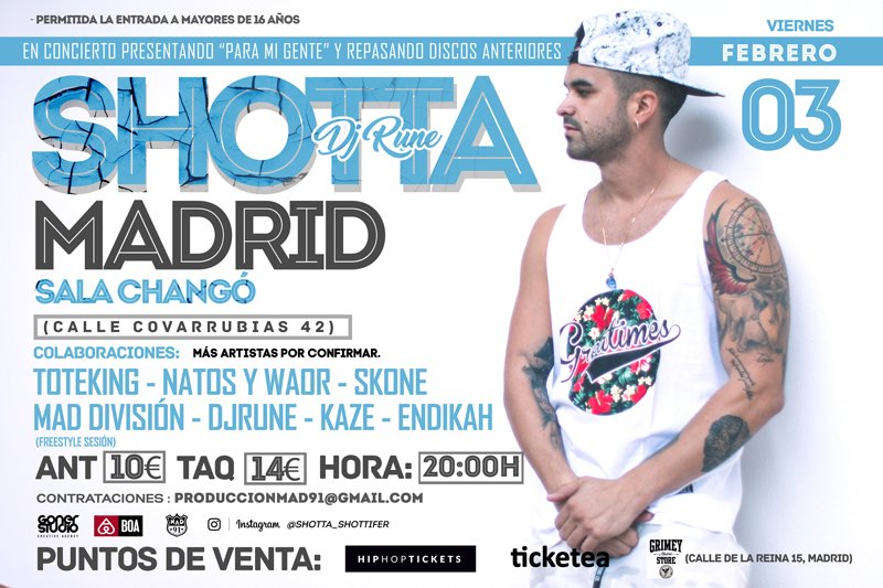 MAD91Familia's tweet photo. ¡MADRID!
@ShottaDestroy presenta #paramigente+ @ToteKingOficial @NatosyWaor #JMarques #Skone @mad_division @DJ_Rune + Artistas por confirmar https://t.co/TGgSU3soxA
