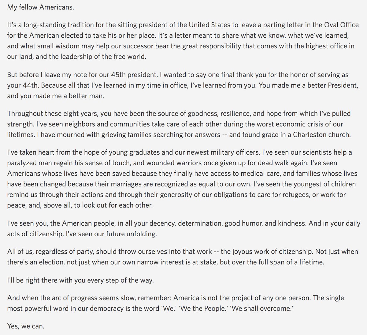 Pres. Obama pens final thank you letter to Americans: "You made me a better President, and you made me a better man" abcn.ws/2jw4Ggt