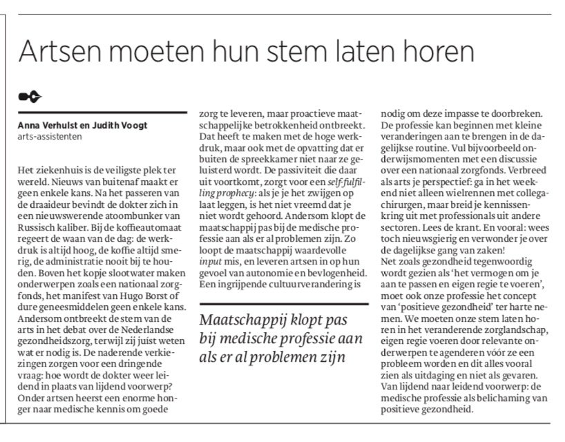 ALJVerhulst's tweet photo. "Artsen: laat je stem horen én gelden in het maatschappelijk debat!" Onze oproep op opiniepagina van @trouw vandaag. https://t.co/fFRhwQCtS6