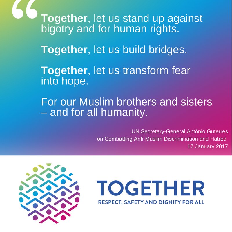 UN's tweet image. "Discrimination diminishes us all" - @AntonioGuterres.

Say #no2hatred &amp;amp; #jointogether to transform fear into hope. together.un.org