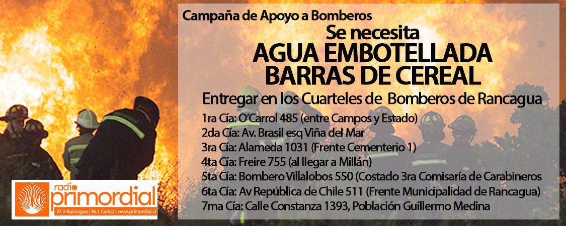 Campaña de <a href="/CBRGUA1882/">Bomberos Rancagua</a> solicita Agua Embotellada y Barras de Cereal para voluntarios trabajando en Incedios Forestales #Rancagua