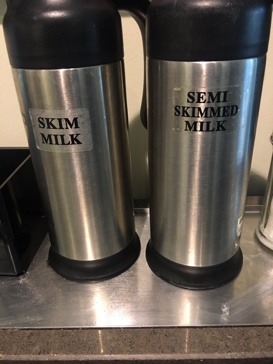 MattJStretch's tweet photo. Two options of milk at the coffee shop in Manchester. Semi?#AnyDifference? https://t.co/m5eCa2kckf