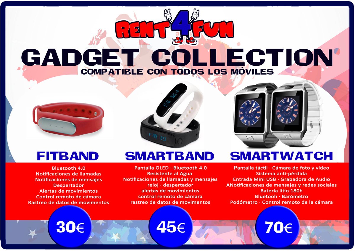 Rent4FunES's tweet photo. CONOCE NUESTRA NUEVA COLECCIÓN DE GADGETS! ⌚️⌚️Fitbands, SmartBands y SmartWatches desde SÓLO 30€! 💸💸 #marbella #rent4fun #Smartwatch https://t.co/B9KQHsOaR1