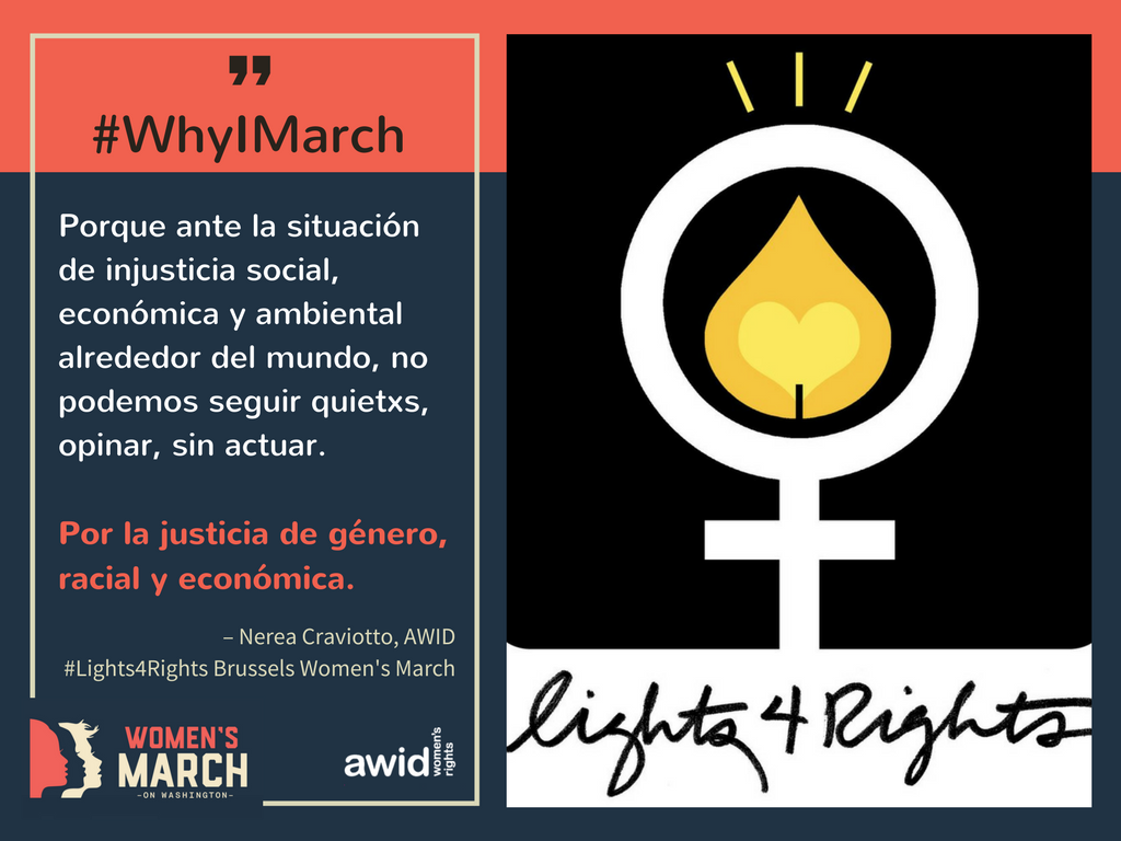 AWID's tweet photo. AWIDer @NereaCraviotto marches today at #Lights4Rights in Brussels, adding: "#WhyIMarch: For Peace in the Middle East, and around the world" https://t.co/l1cj4Zs4O9