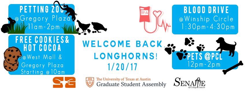 utgsa's tweet photo. Free cookies &amp; cocoa?! Check! A petting zoo?! Check! Dogs @ PCL?! Check! A campus-wide blood drive?! Check! GET STOKED #WelcomeBackLonghorns https://t.co/rrf5Y9Qt8L