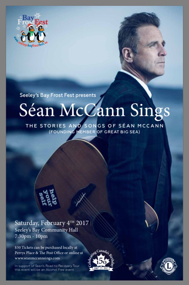 SueLackie's tweet image. #Seanmccann sings in Seeley's Bay on Feb 4th. Get your tickets at Perry's Place, Seeley's Bay Post Office or seanmccannsings.com