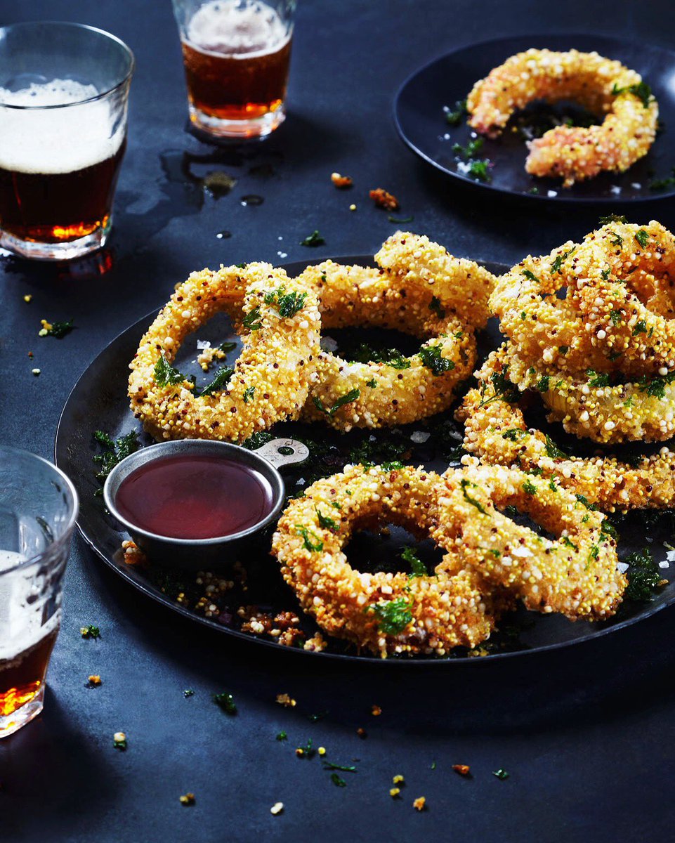 Onion rings with deep fried parsley &amp; raspberry infused vinegar. Food @kimura_sensei props @theprops_gearyhouse
