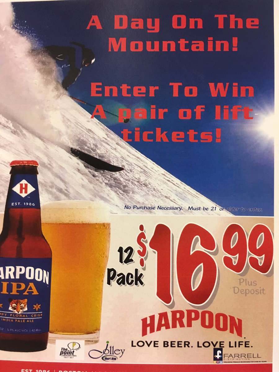 harpoon_vermont's tweet photo. Stop at nearby @JolleyStores &amp; enter to win a pair a lift tickets! @BoltonValley @jaypeakresort @StoweMtResort ~ Harpoon 12pk deals galore! https://t.co/CQGXvXXwtQ