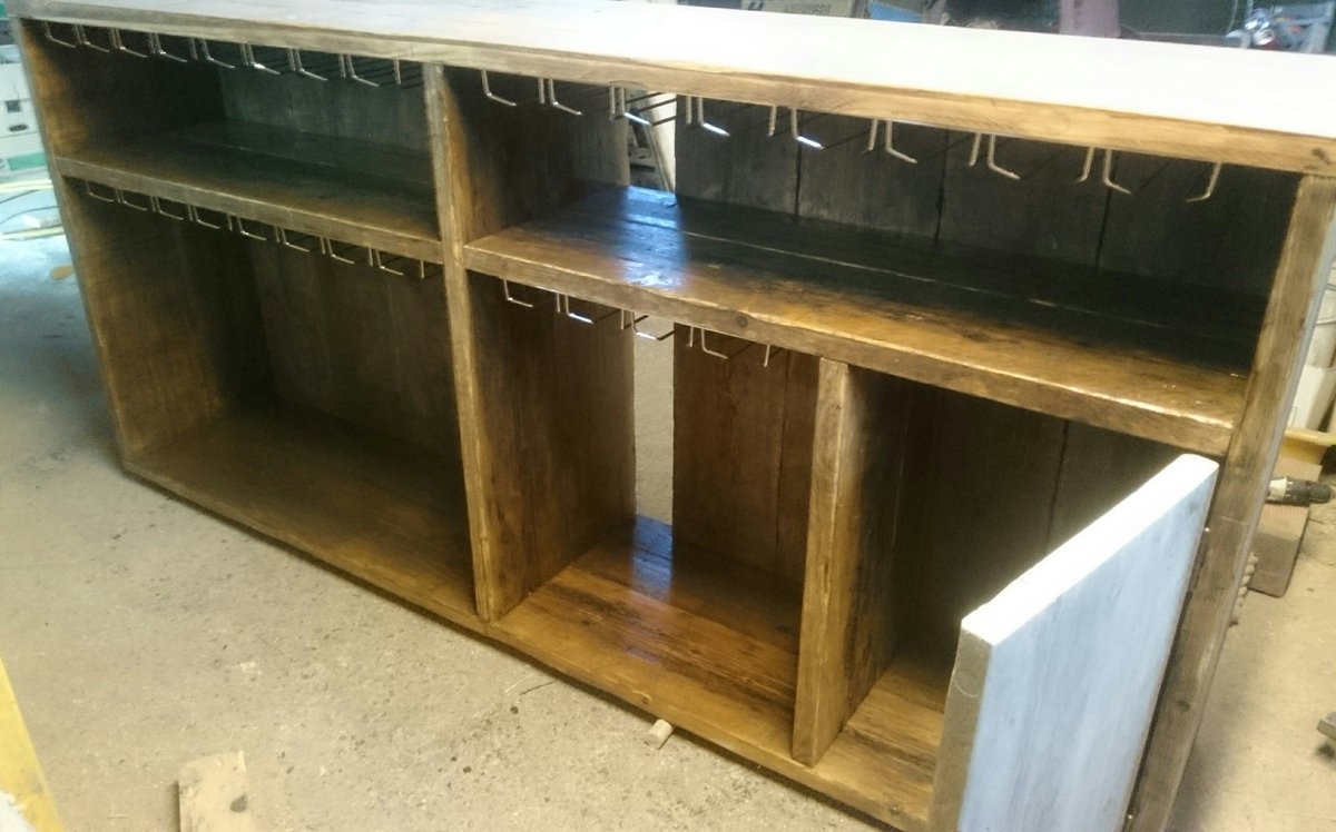 AdjustDesigns's tweet image. Bespoke side unit in progress to house wine bottles and glasses, two wine machines and a cupboard to hide the nitrogen machine. #reclaimed