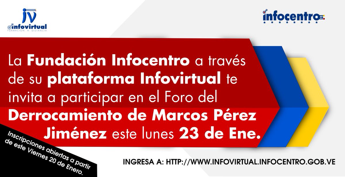 LInfovirtual's tweet photo. Infovirtual te invita a participar en el foro Derrocamiento de Marcos Pérez Jiménez, el día 23 de enero. Inscribete https://t.co/9bdjfzDEmP https://t.co/ZazbaHz4xp