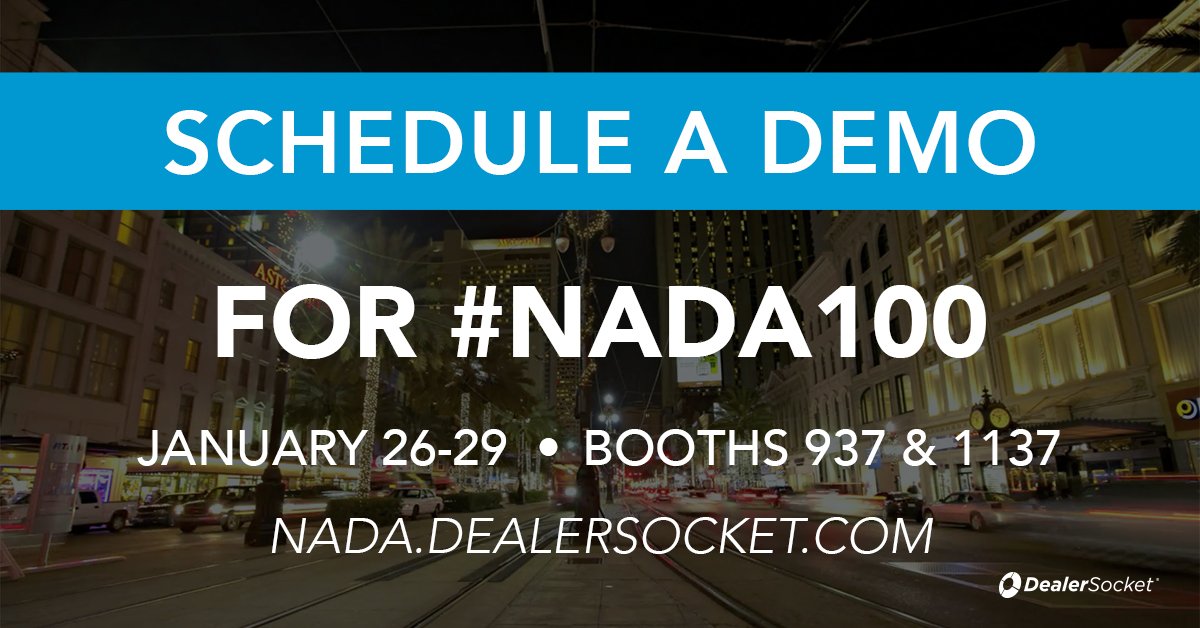DealerSocket's tweet photo. Have you scheduled a demo with #DealerSocket for #NADA100 yet? https://t.co/MAOvUurbCP #DSDEMO https://t.co/JatEJKb9EE