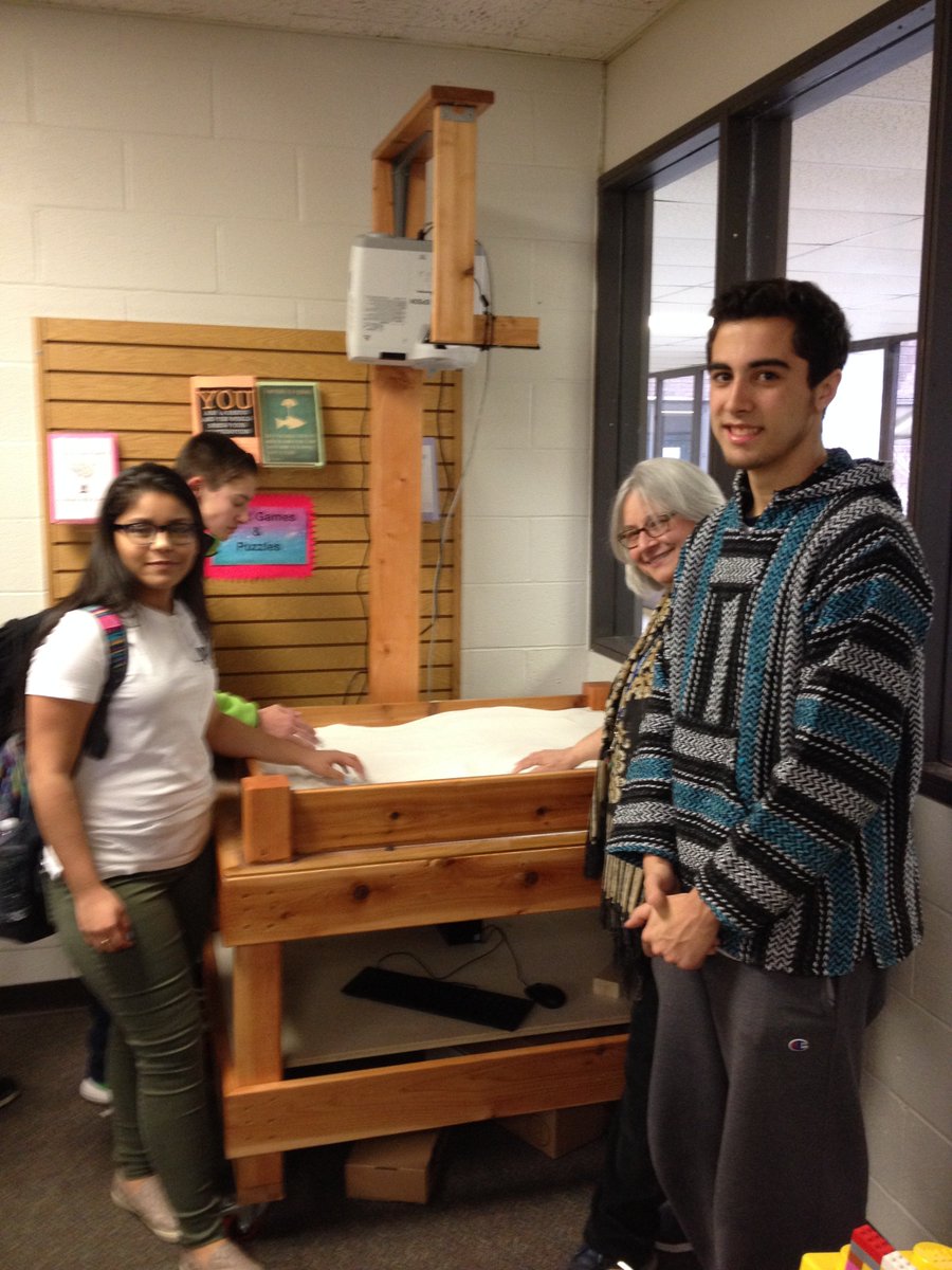 shswlib's tweet photo. So cool! Student Matt Tullo demonstrates new Augmented Reality Sand and Water Table at HSW Library. @SCSD_HSW https://t.co/sJyZe3LpyV