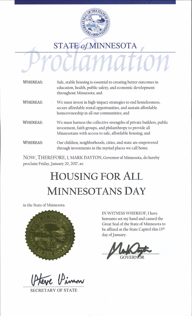 LauraDunford's tweet photo. Thank you @GovMarkDayton for declaring today Housing for All Minnesotans Day. #MNHousingWeek #homesforall @PPLTwinCities https://t.co/dChl9CHdnf