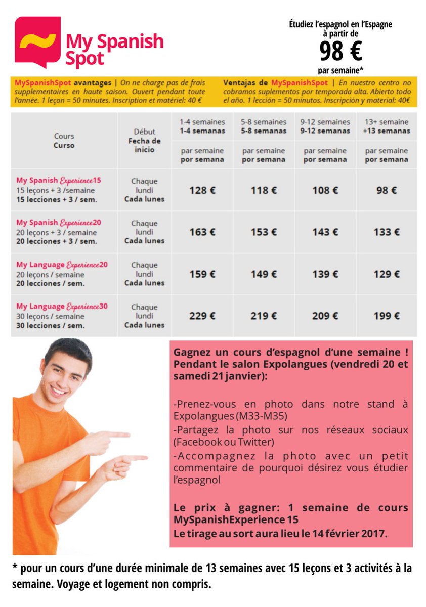 myspanishspot's tweet photo. Venez vous renseigner à propos de votre séjour linguistique en #Espagne à #EXPL2017 et gagnez une semaine de cours ! https://t.co/bnFSF2Rqdb