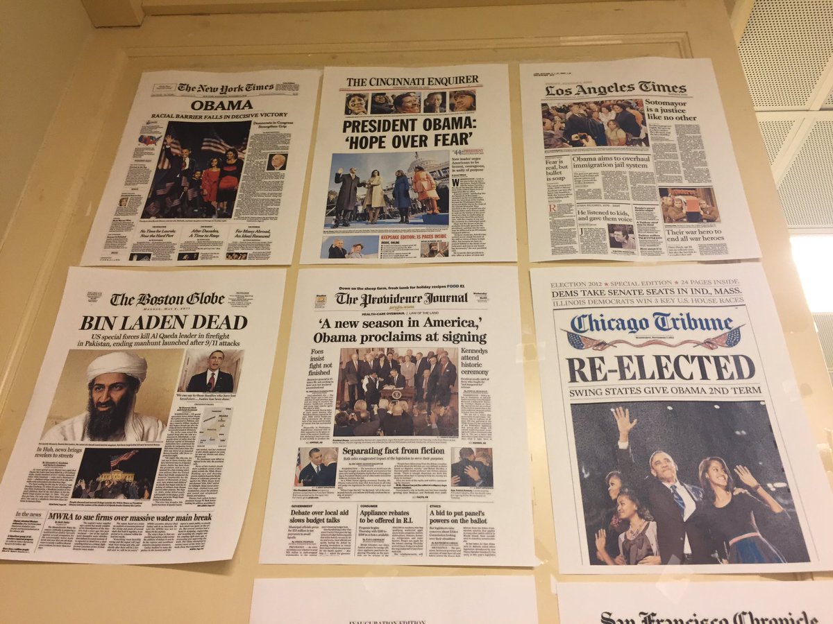 mikememoli's tweet image. When @realDonaldTrump press team moves in, they'll have to take down collection of front pages spanning Obama high points left by his team