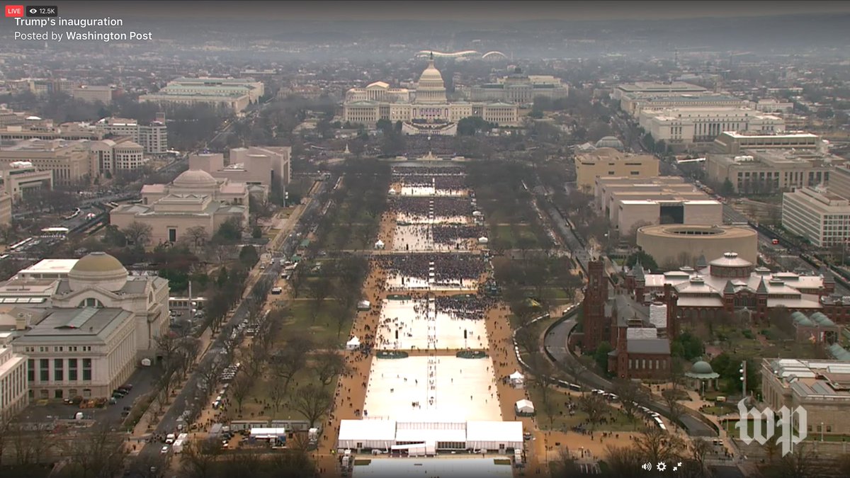 LeKiosquedeNY's tweet photo. How small the crowd is today in Washington compared to Obama's inauguration 4 and 8 years ago. #inuaguration2017 #obama #trump #leastpopular https://t.co/iAH12xAOC5