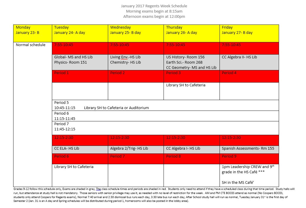 HS- Grades 9-12 schedule for Regent Week, Jan. 24-27, CTE (am and pm) BOCES will run as normal all week.