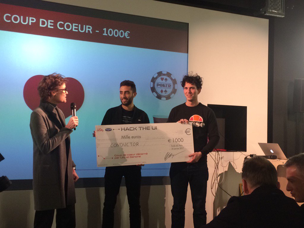 delvolverosset's tweet photo. Prix coût de coeur Conductor #hacktheui cc @danonejobs @LillyPadFR @42born2code https://t.co/kW3D0WW9om