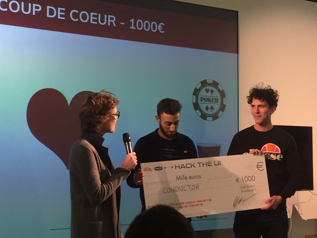 JobIRL's tweet photo. L équipe Conductor de @42born2code gagne Le prix Coup de cœur #hacktheui cc @LillyPadFR @DanoneFR https://t.co/Q9XHlHaYDZ