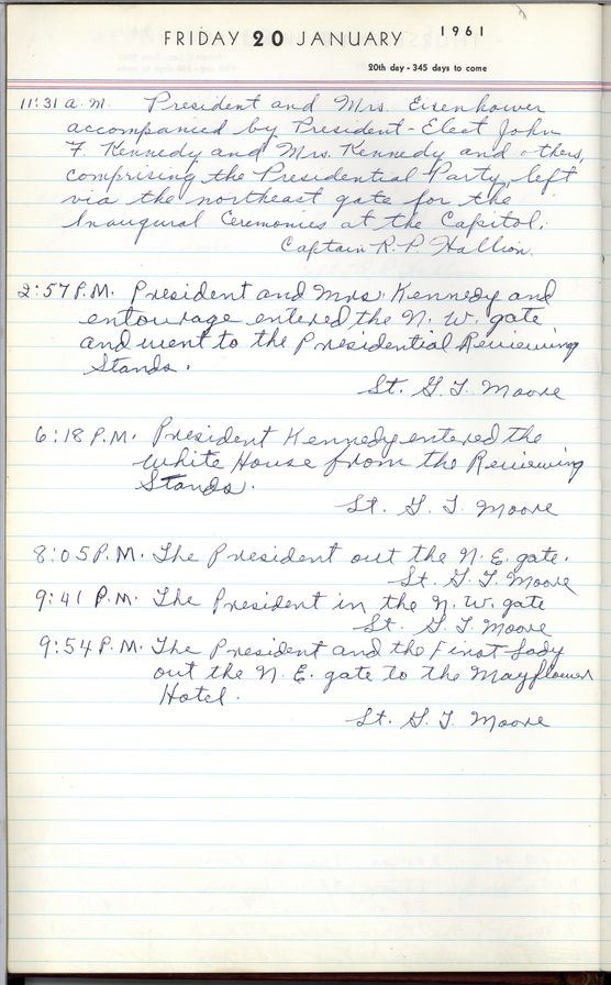 JFKLibraryFdn's tweet photo. The White House Police logs for January 20, 1961 begin with one president and end with another! https://t.co/Dk5jy2fjyk