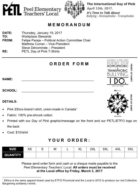 FAPareja's tweet photo. .@ETFOPeel members: order your #DayofPink (April 12, 2017) t-shirt today! Visit https://t.co/k8byIQgMjC and/or talk to your Steward. #ETFO https://t.co/gCEAjtUIrc