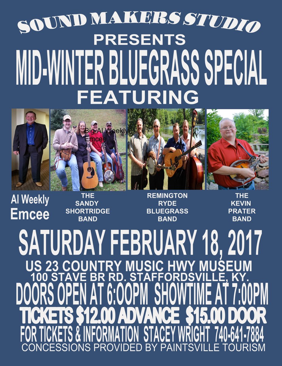 Join us for a bluegrass concert at the Country Music Hwy Museum on Sat, Feb 18 at 7pm.