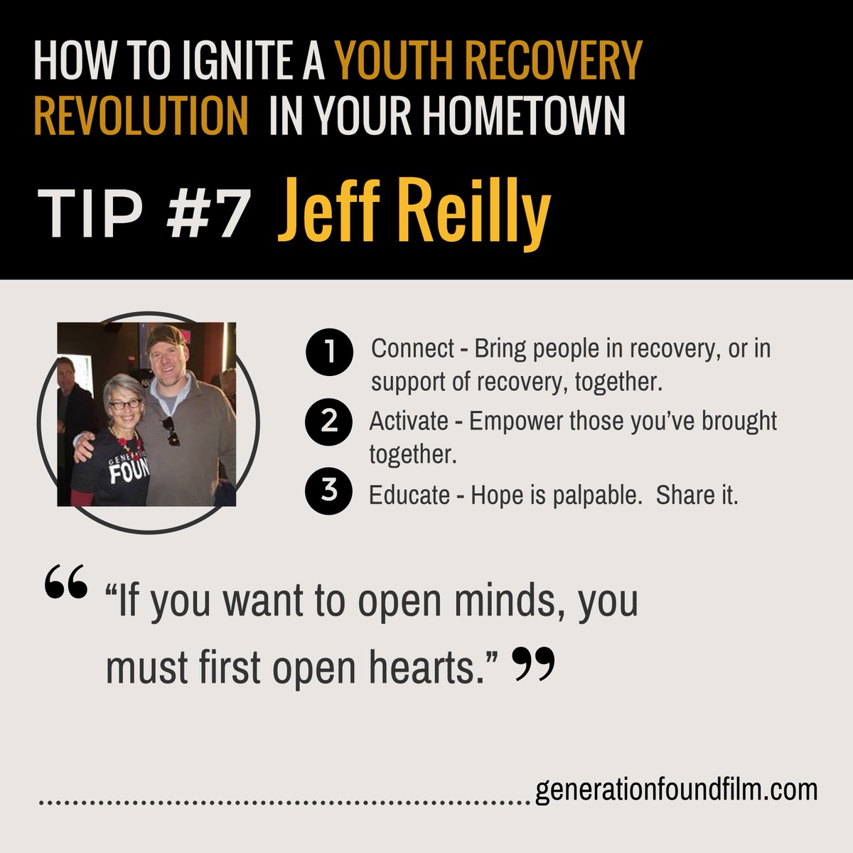 genfoundfilm's tweet photo. Tip #7 on how to ignite a #YouthRecoveryRevolution in your hometown by @facefirstfilms: CONNECT, EMPOWER, EDUCATE. #GenerationFoundFilm https://t.co/B8nTdpQbkw