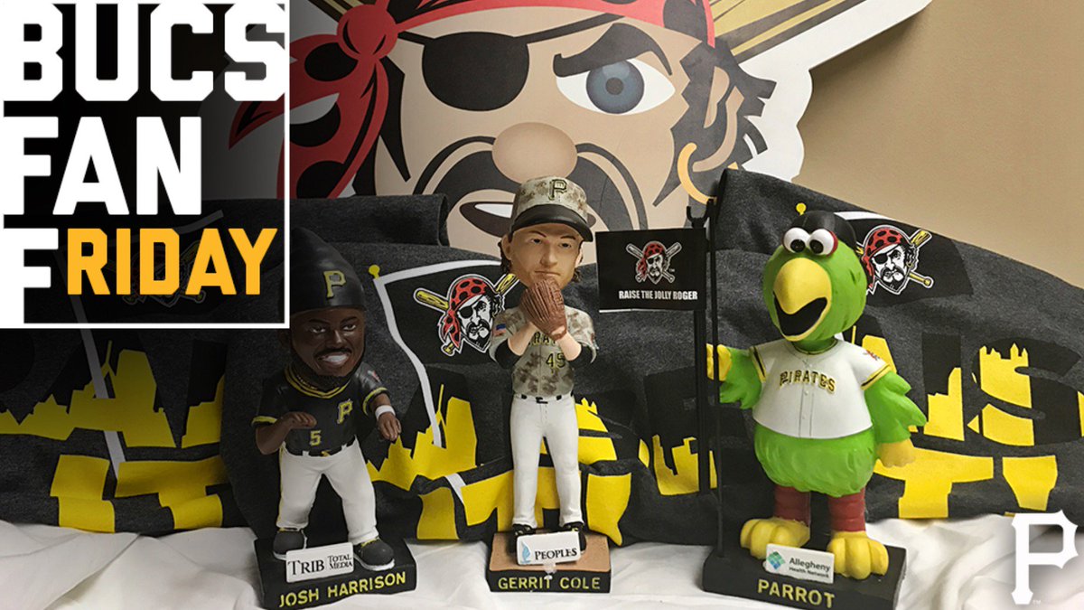Pirates's tweet photo. RETWEET THIS for your chance to win one of our bobblehead + social tee prize packs as part of today's #BucsFanFriday! https://t.co/iryJ3qPhEb