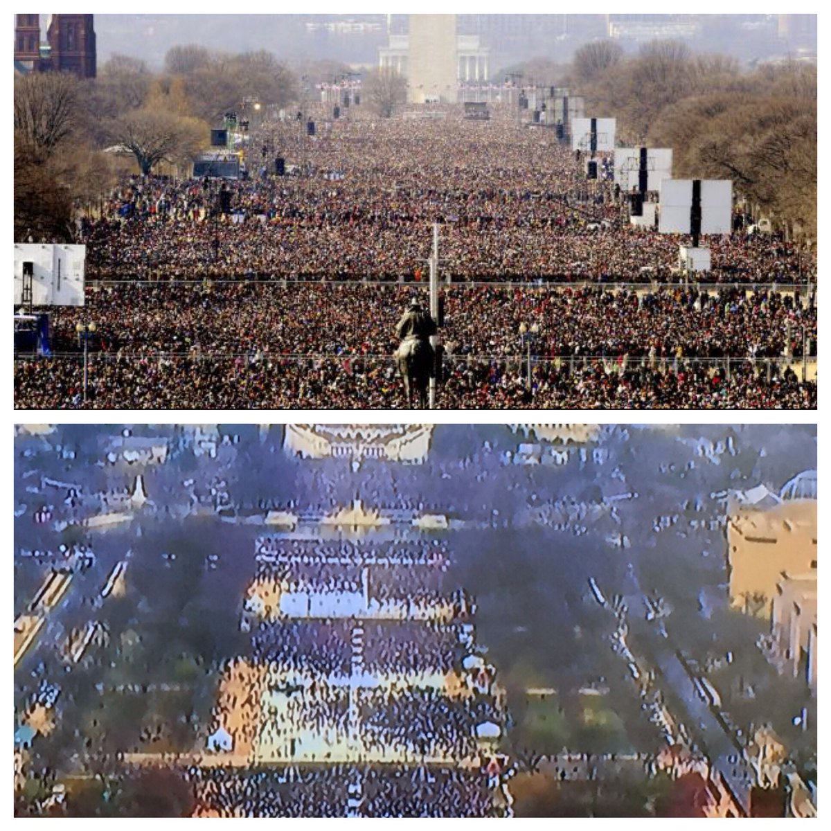 Is America EXCITED or AFRAID.  Obama Inauguration (top) bitterly cold.  Trump Inauguration (bottom) abnormally warm.