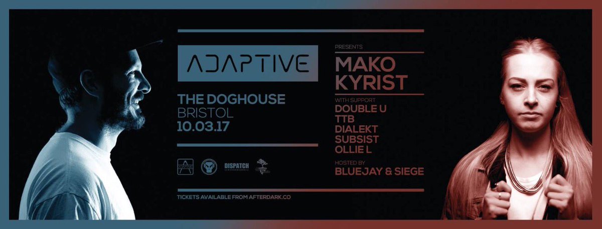 Next @AdaptiveBristol with
<a href="/MakoUtopiaMusic/">Stephen Mako</a> <a href="/Kyrist_/">Kyrist</a> 
10.03.17 at @TheDoghouseBris