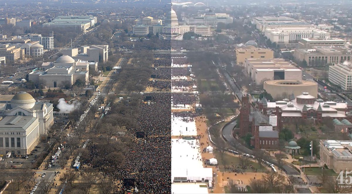 SavedYouATrick's tweet photo. Here are the 11am hour #Inauguration crowds side by side and from the same angle. 2009 on the left, 2017 on the right. https://t.co/FEpitoplwV