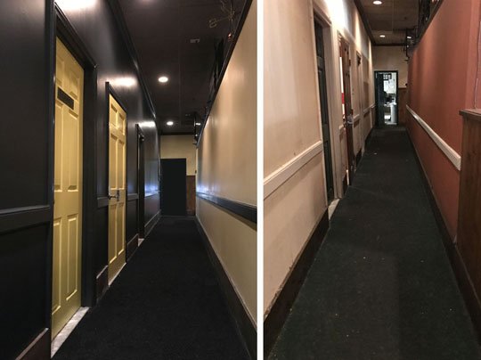 weaferdesign's tweet photo. Shows what an impact color has. I choose @Benjamin_Moore Black Iron and Yellow #328 for this Restaurant Restroom hall https://t.co/2ToDjx6noK