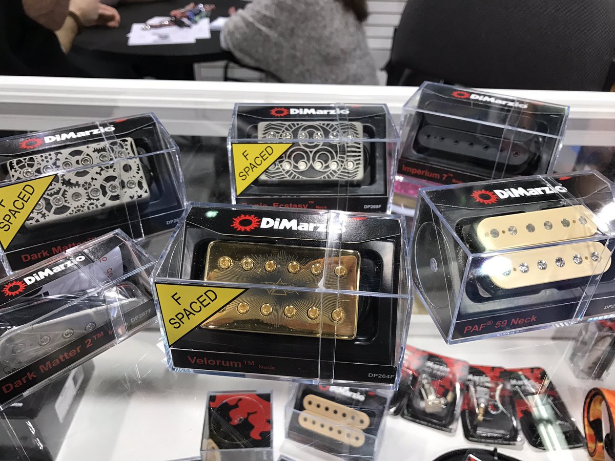 GuitarWorld's tweet photo. Solid selection of @DiMarzioInc goodies #NAMM2017 #darkmatter #velorum #PAF59 #imperium7 #sonicecstacy https://t.co/UWhb7rFs65