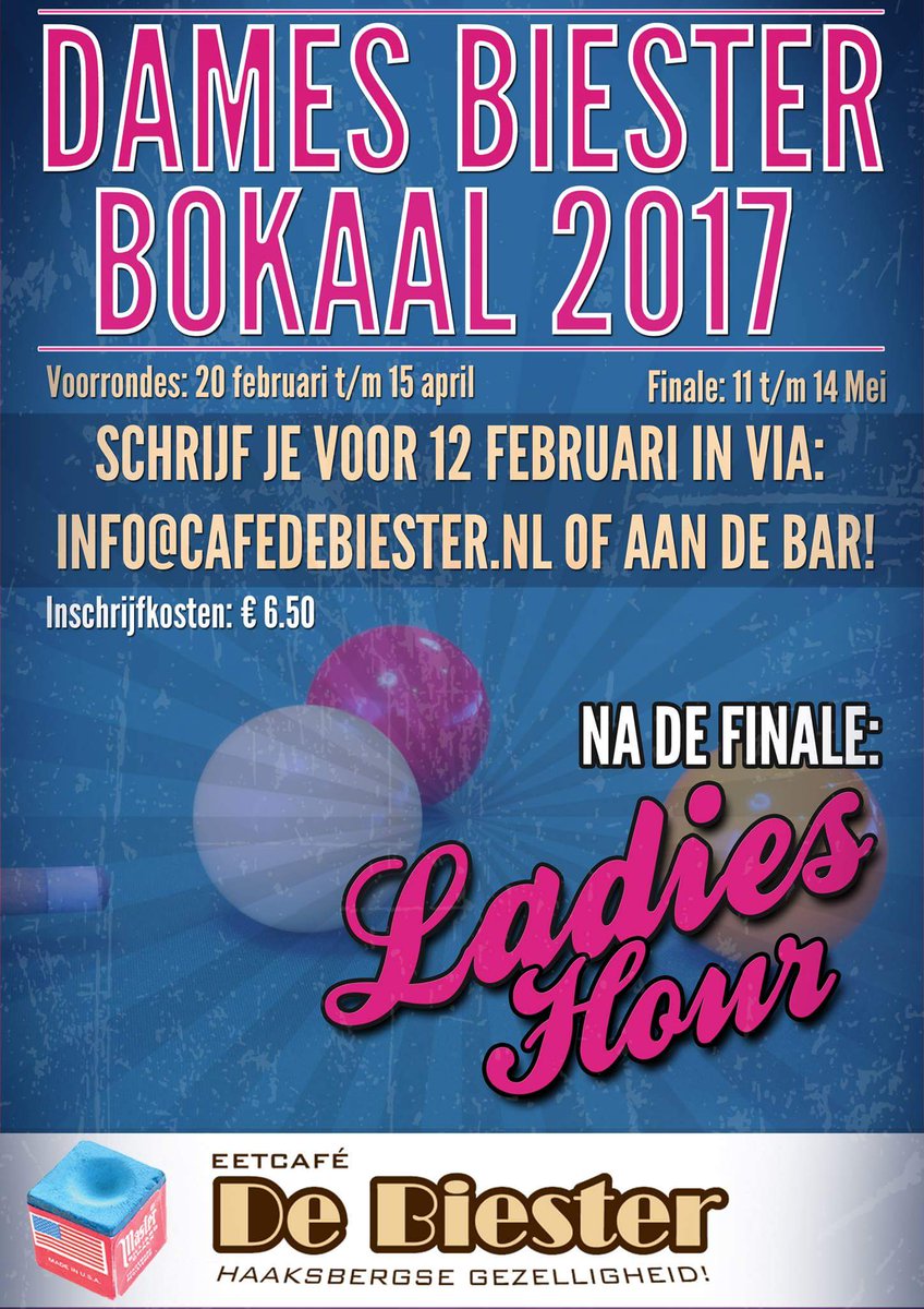 cafedeBiester's tweet photo. Inschrijven kan tot 12 februari #DamesBiesterBokaal #biljarten #biljarttoernooi #HaaksbergseGezelligheid https://t.co/lXNfWc3W6S