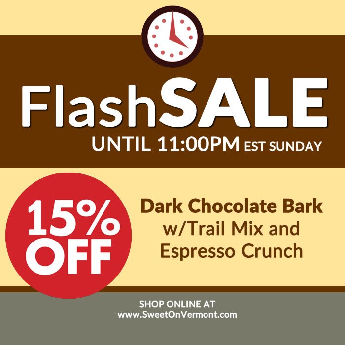 SweetOnVermont's tweet photo. FLASH SALE
Good thru Sunday at 11:00pm

Get 15%OFF our Dark Chocolate Bark w/Trail Mix and Espresso Crunch
https://t.co/JjDy1fHwuj https://t.co/qrGFnKzo2F