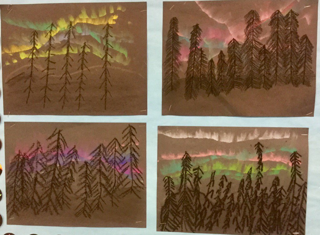 YESartclass's tweet photo. Check out the Northern Lights created by 2nd grade students. #artandscience #chalkproject https://t.co/q64AofDObE