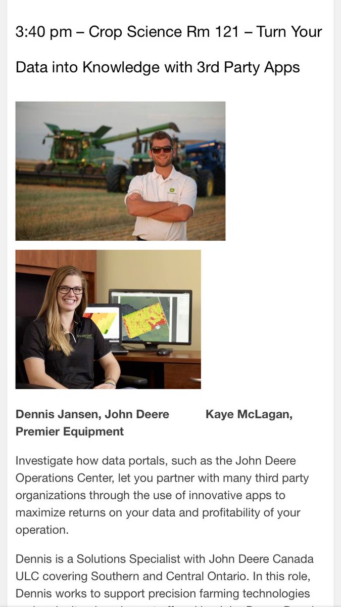 kmclagan20's tweet photo. Looking 4ward to leading @FarmSmart17 session w Dennis Jansen on #Data2Knowledge w @JohnDeere #OpsCenter & #APIs https://t.co/sZo7SvXyd5